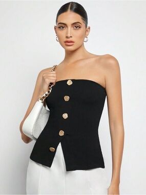 Strapless Black Button-Front Knit Top